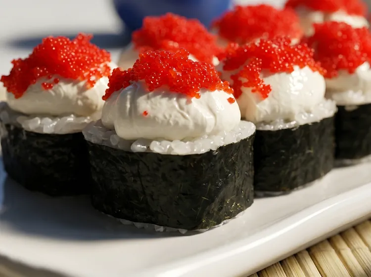 Роллы со сливочным сыром и красной тобико крупным планом